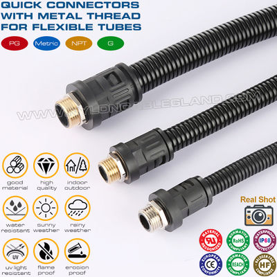 Nylon 6 Quick Connectors (Joints, Fittings) black RAL9005 c/w Metal Male Thread PG7~PG48 for Corrugated Tubes AD7~AD108