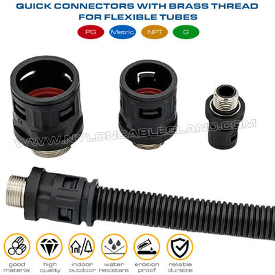 Nylon 6 Quick Connectors (Joints, Fittings) black RAL9005 c/w Metal Male Thread PG7~PG48 for Corrugated Tubes AD7~AD108