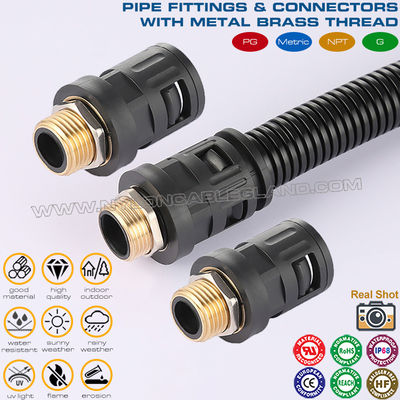 Nylon 6 Quick Connectors (Joints, Fittings) black RAL9005 c/w Metal Male Thread PG7~PG48 for Corrugated Tubes AD7~AD108
