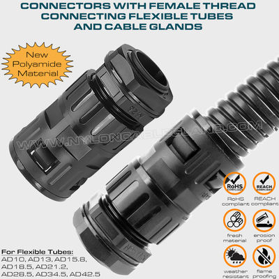 Internally Threaded Straight Connectors (Tube Connectors) Nylon 6 Black Connecting Flexible Tubes AD10~AD42.5 & Metric/PG Cable Glands for Cable Protection