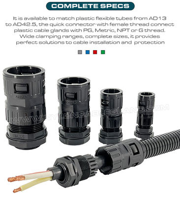 Internally Threaded Straight Connectors (Tube Connectors) Nylon 6 Black Connecting Flexible Tubes AD10~AD42.5 & Metric/PG Cable Glands for Cable Protection