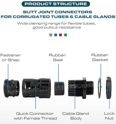 Internally Threaded Straight Connectors (Tube Connectors) Nylon 6 Black Connecting Flexible Tubes AD10~AD42.5 & Metric/PG Cable Glands for Cable Protection