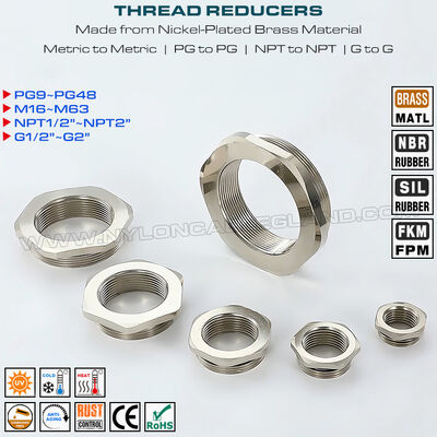 Nickel-Plated Brass Metal Thread Reducers (Metric to Metric Thread, PG to PG Thread, NPT to NPT Thread, G to G Thread)