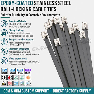 Black Epoxy-Coated Metal Cable Ties, Ball-Lock Type, 316L/316/304 Stainless Steel, Width 7.9mm x Length 150-1000mm, for Corrosive Environments