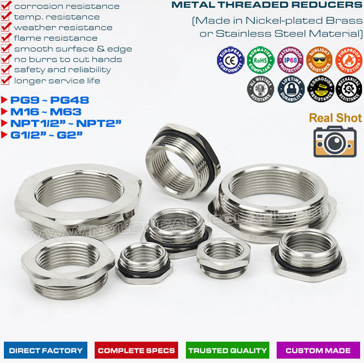 IP68 Brass (304/316 Steel) Thread Reducers, Thread Enlargers, Thread Converters or Thread Adapters for Cable Glands