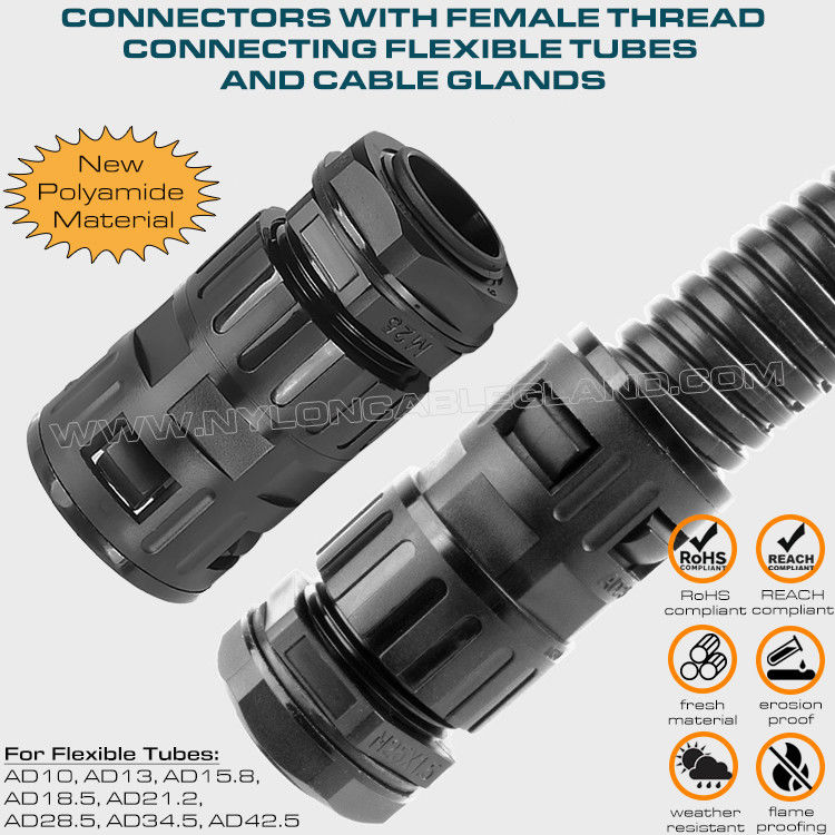 Internally Threaded Straight Connectors (Tube Connectors) Nylon 6 Black Connecting Flexible Tubes AD10~AD42.5 & Metric/PG Cable Glands for Cable Protection
