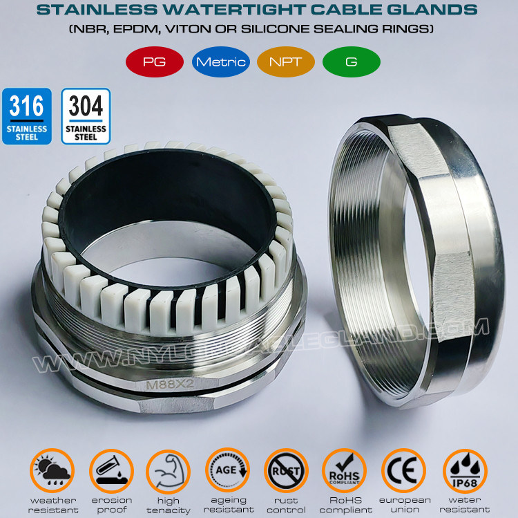 304 Stainless Steel Waterproof Cable Gland M88x2, 65~70mm Adjustable 316 Stainless Steel Metric Cable Gland Connector IP68 for Large Cables