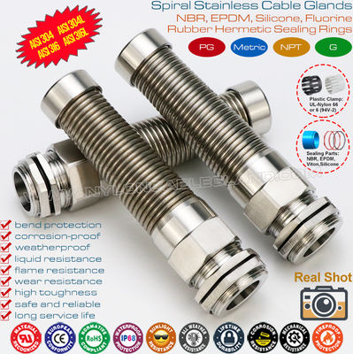 เคเบิ้ลแกลนโลหะ PG IP68 สเตนเลส SS304 / SS316 พร้อมหางเกลียว (พร้อมไกด์ป้องกันสายเคเบิล)