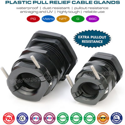 เคเบิลแกลนด์ IP68 พลาสติก PG และเมตริกสีดำ RAL9005 พร้อมแคลมป์โลหะพิเศษ (แคลมป์ผ่อนแรงฉุด)