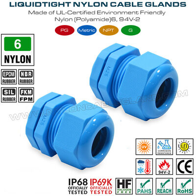 เครื่องเชื่อมสายกันน้ํา M25x1.5 กระดูกเคเบิลพลาสติก IP68 ระยะ 13-18 มม ไนลอน (PA 6) UL746C-f1 เรต, ใช้ในกลางแจ้ง