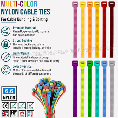 สายเคเบิลเทย์สี 200 มิลลิเมตร x 48, 3~50mm ปรับไนลอน 66 หลายสี Zip Tie (222N / 50LBS) สําหรับการจัดการสายไฟฟ้าภาพ