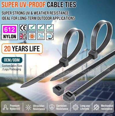 หนวดกุ้ง เข็มขัดรัดสายไฟ เคเบิ้ลไทร์ Nylon 612 (Polyamide 612, PA612) สีดำ ชนิดใช้งานหนัก, ทนทานต่อรังสียูวีและสภาพอากาศ, 350 มม. x 7.6 มม., เหมาะสำหรับงานติดตั้งระบบโซลาร์เซลล์กลางแจ้ง