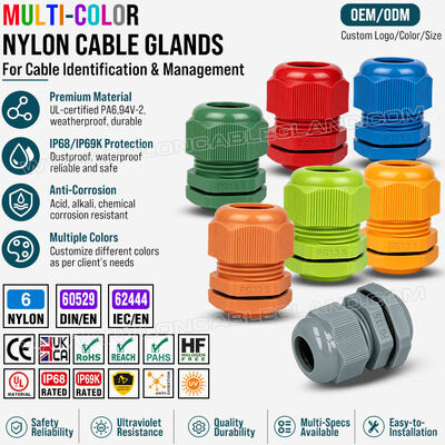 กรดเคเบิลสี ไนลอน 6 (โพลยามิด 6, PA6), PG13.5 (6-12 มม & 5-9 มม), IP68 / IP69K, สําหรับการระบุภาพและการจัดเคเบิล