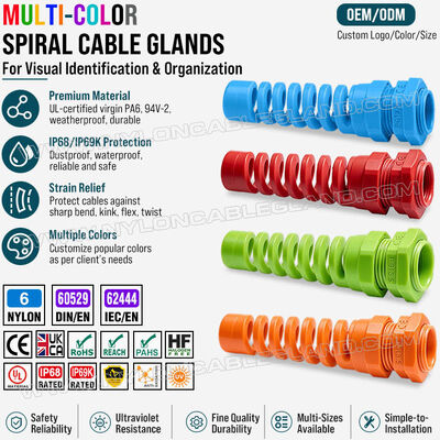 กระดูกเคเบิลลดความอ้วนสี ไนลอน 6 (โพลยามิด 6/PA6), PG13.5 (Ø 6-12mm & 5-9mm), IP68 & IP69K, สําหรับการระบุและการจัดตั้งเคเบิล