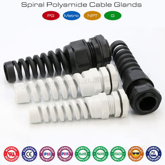 เคเบิลแกลนด์กันน้ำ, โพลีเอไมด์ 6 (V-2), IP68, PG หรือเกลียวเมตริก, พร้อมตัวป้องกันลดความเครียด(ตัวคลายโค้ง)