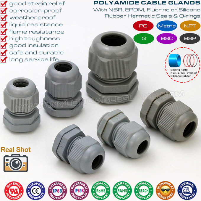 Waterproof Cable Glands, Metric & PG Thread, IP68, Polyamide 6 (Nylon 6),  Grey RAL7005 & 7001, for Distribution Box