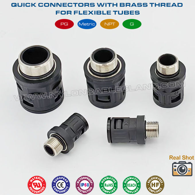 ตัวเชื่อมต่อด่วนไนลอนสีดำ RAL9005 พร้อมเกลียวเมตริกโลหะ M12~M63 สำหรับท่อลูกฟูก AD10~AD54.5