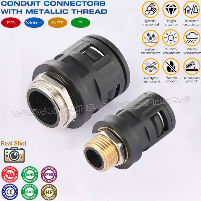ตัวเชื่อมต่อด่วนข้อต่อไนลอน 6 สีดำ RAL9005 พร้อมเกลียวโลหะ PG7~PG48 สำหรับท่อลูกฟูก AD7~AD108