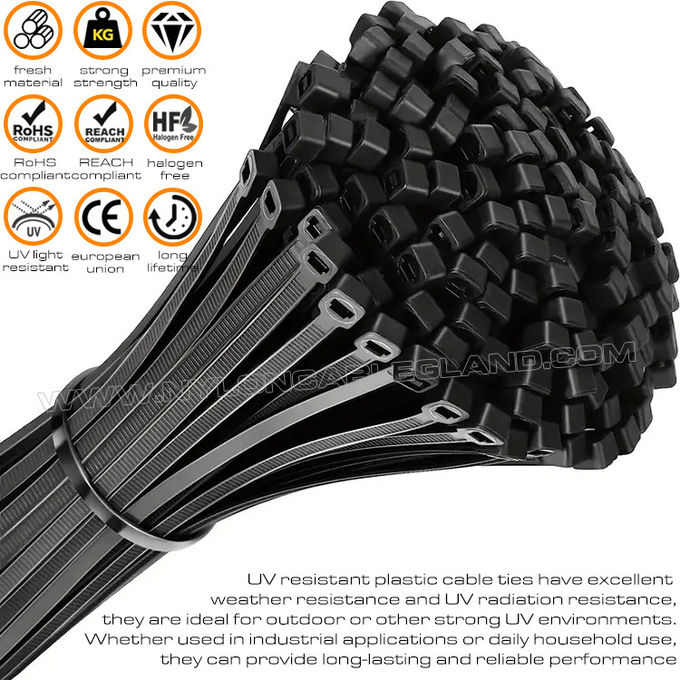 เคเบิ้ลไทร์ทนรังสียูวี, สายรัดสายไฟ นลอน 6.6 พลาสติกสีดำ 200 มม. x 4.8 (22 กก. 50 ปอนด์ 222 นิวตัน) สำหรับสภาพแวดล้อมที่มีรังสียูวีสูง
